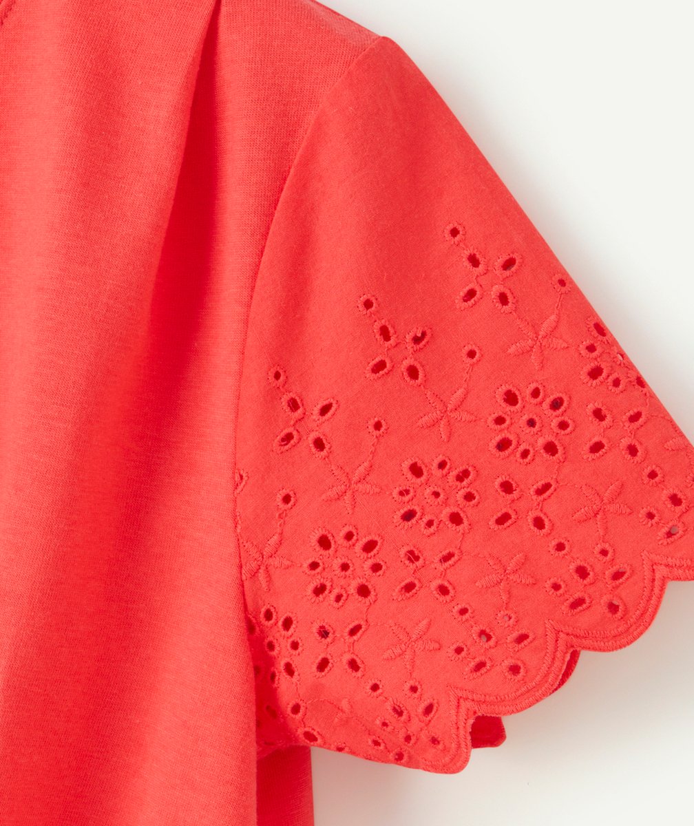 T-SHIRT FILLE EN COTON BIO ROUGE AVEC MANCHES BRODÉES