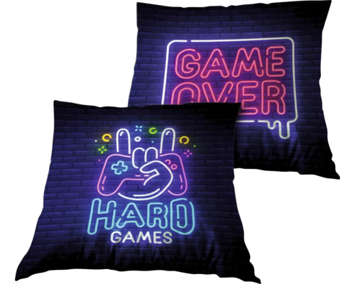 Kussen Game Over Hard Games blauw roze 45x45 cm