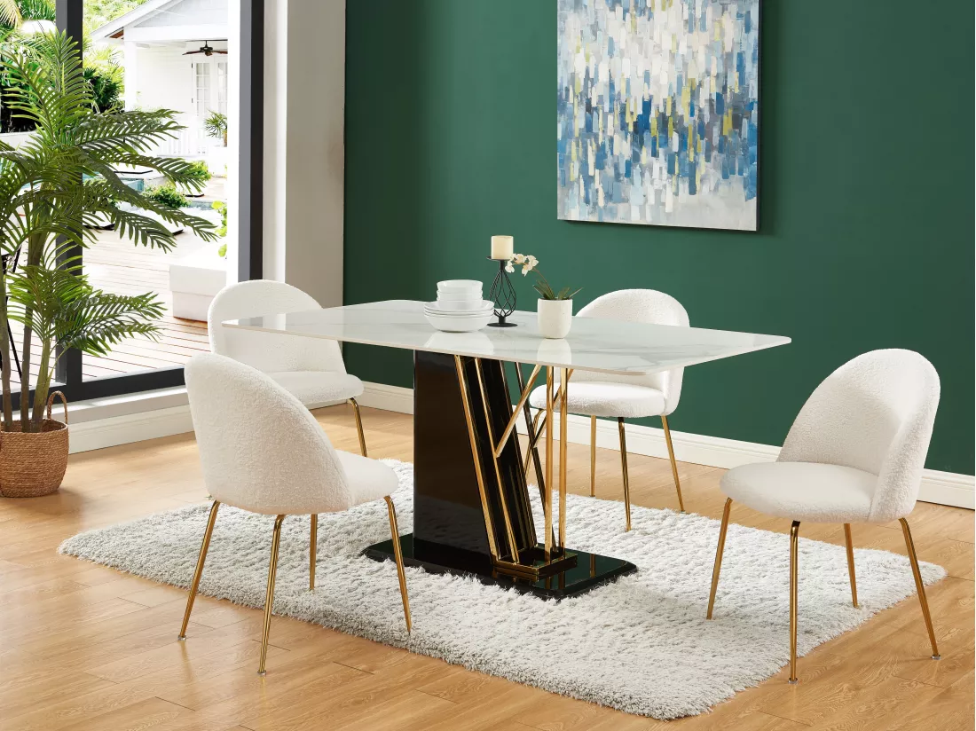 Lot de 2 chaises - Tissu bouclette et acier inoxydable doré - Blanc - MELBOURNE