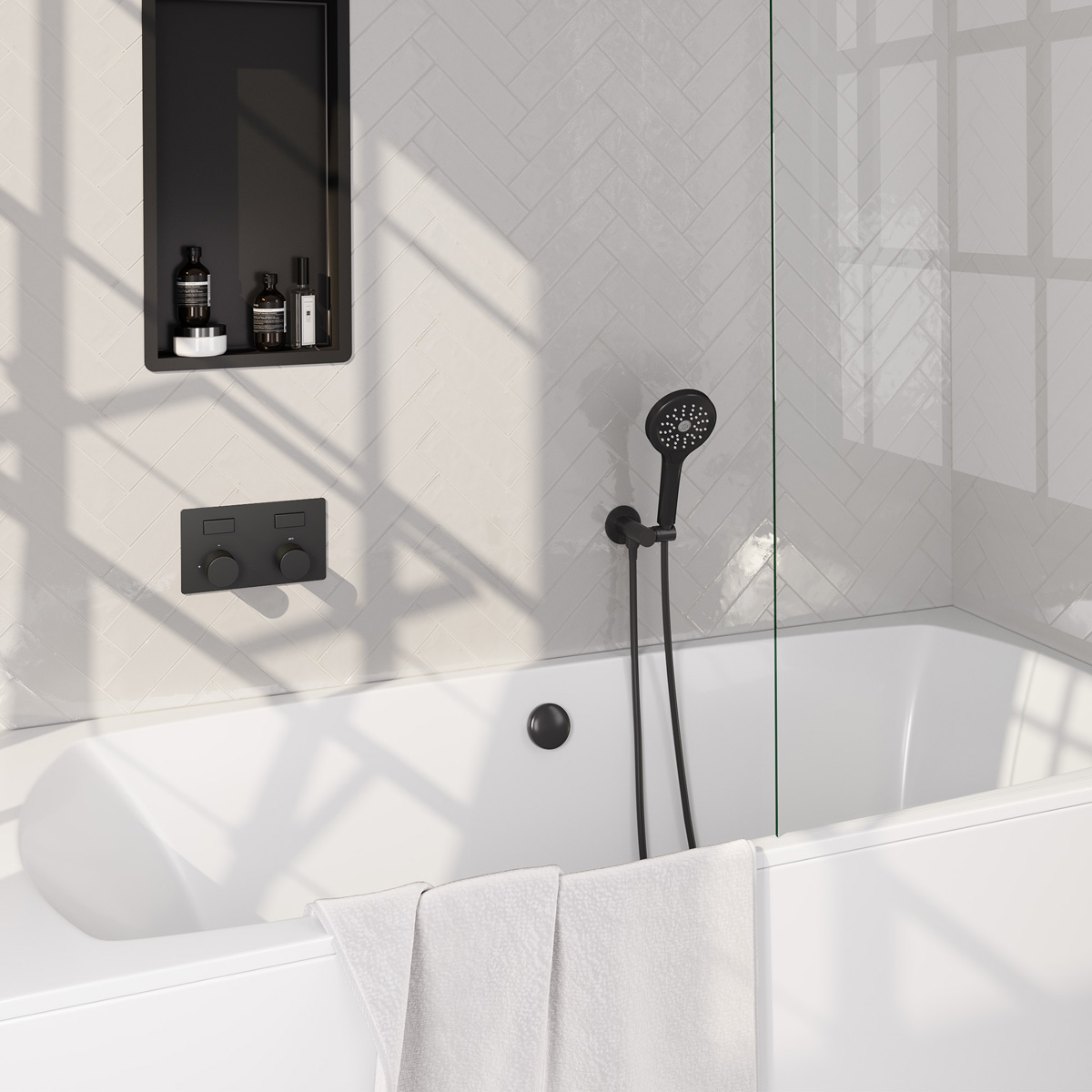 Brauer Stripe inbouw badkraan met drukknoppen, badvulcombinatie en 3 standen handdouche zwart mat