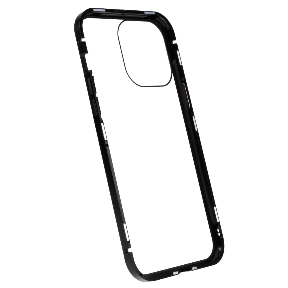 iPhone 14 Pro Magnetische Alu Schutzhülle mit Panzer Glas Backcover   Privacy Glas Displayschutz (Magnet-Technologie) - Schwarz