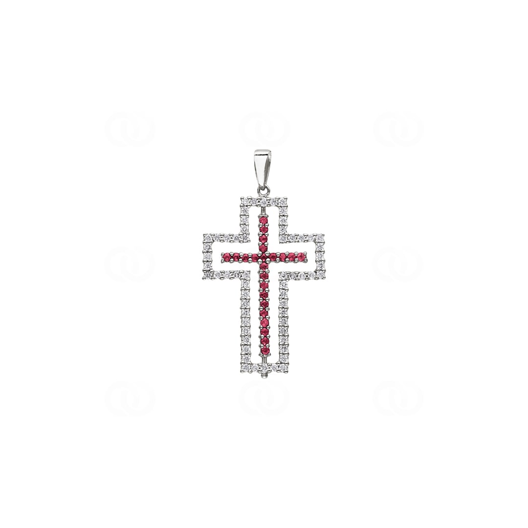 Kreuzanhänger 750/18 K Weissgold mit Rubinen & Diamanten 0.61 ct H/si