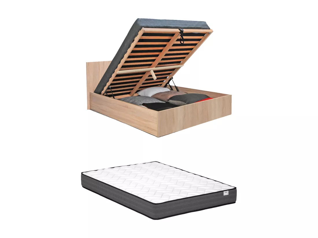Lit coffre 140 x 190 cm - Coloris : Naturel + Matelas - ELPHEGE