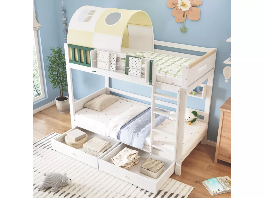 Lit superposé pour enfants, avec petite tente, rails, tiroirs, blanc + chartreuse, 90x200cm
