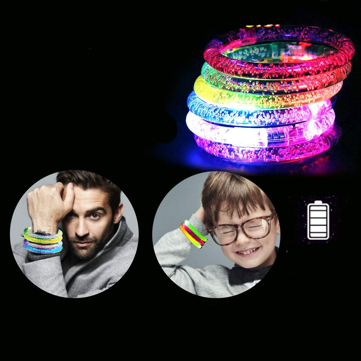 (6er Set) LED Party Armband Blinkender Glow Stick Armreif mit On/Off Knopf (inkl. Batterien) - Bunt