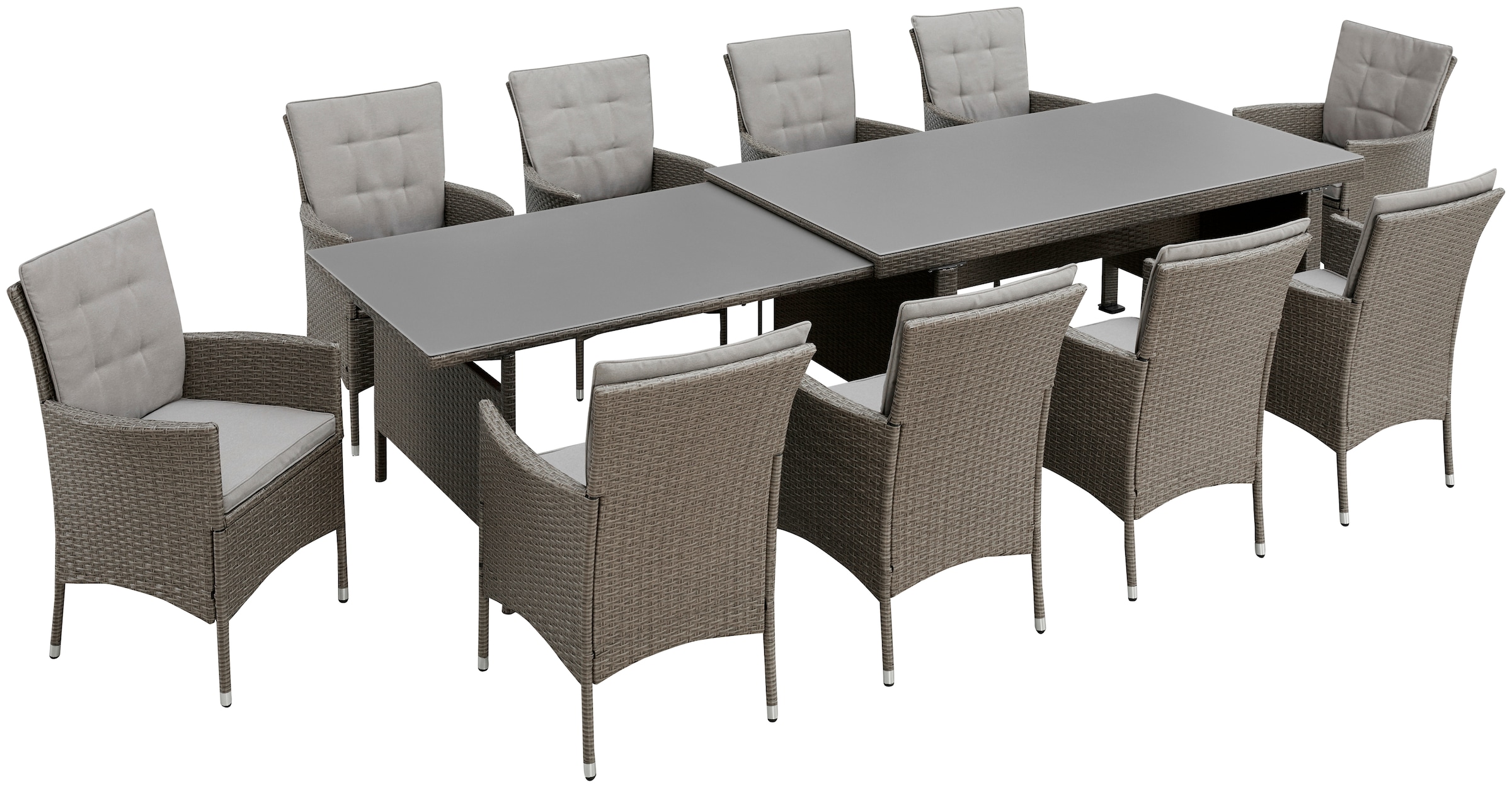 KONIFERA Garten-Essgruppe »Mailand« Set, 10x Sessel, 1x AZ-Tisch 179-302 cm, inkl. Auflagen, 31 Stk. tlg. Polyrattan, Stahl, Braun