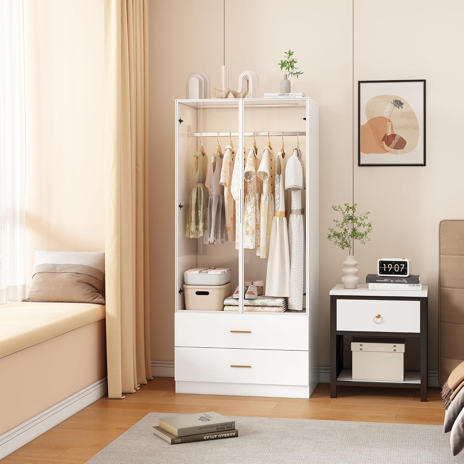 Kleiderschrank mit LED-Beleuchtung,Vielseitiger Drehtürenschrank mit 2 Türen aus gehärtetem Glas,Glasschrank mit Kleiderstange,Wardrobe closet mit 2 Schubladen,Schrank Mehrzweckschrank (Weiß-1)