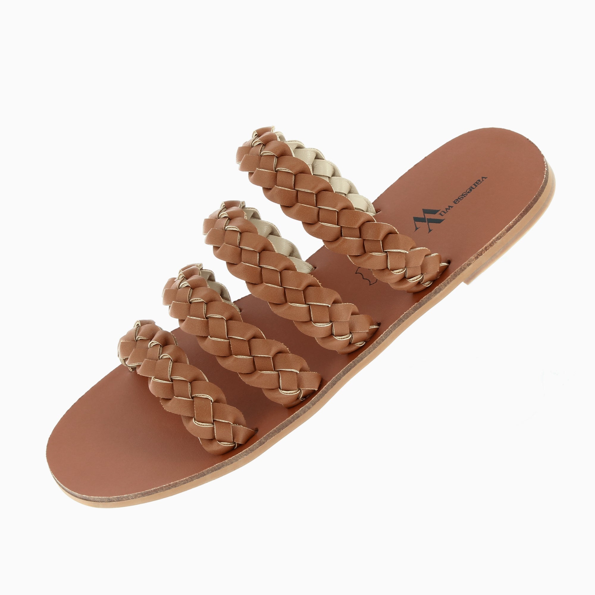 Sandales plates-Mules Mila à brides tressées camel