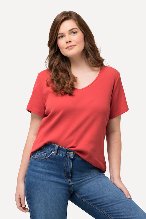 Rippshirt, Slim, V-Ausschnitt, Halbarm, Biobaumwolle