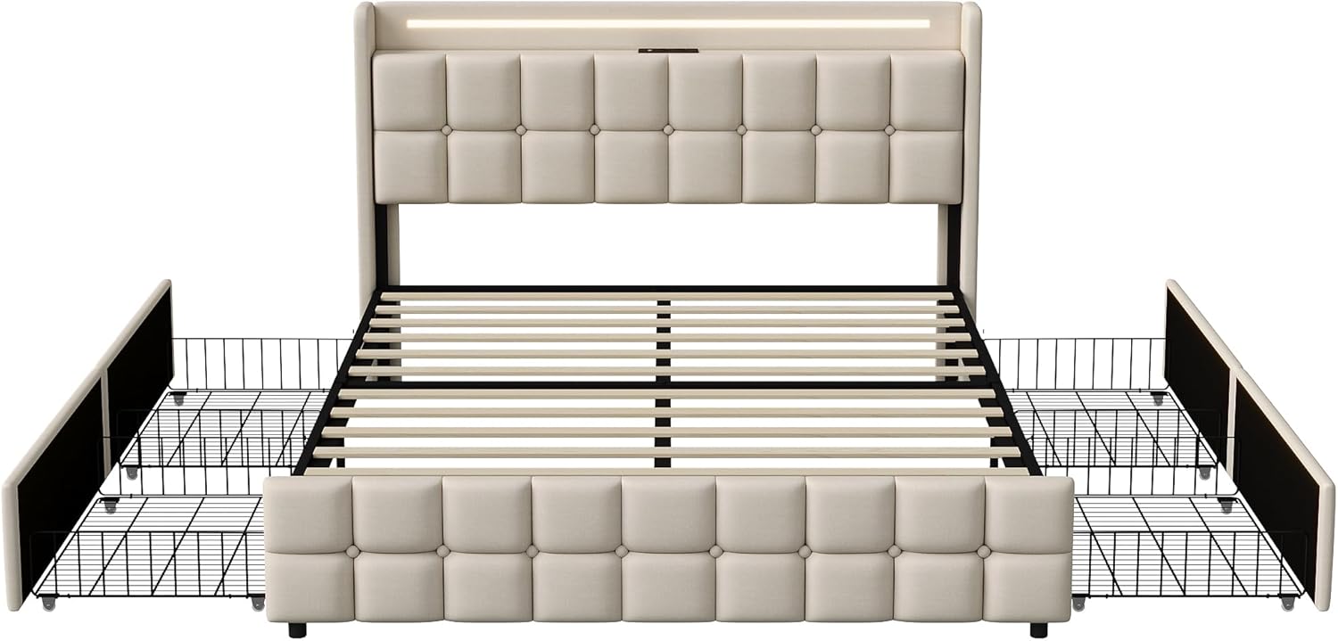 Doppelbett 180x200,Stauraumbett,Betten mit LED-Beleuchtung und 4 Schubladen, Polsterbett mit Stauraum, Jugendbett mit Aufladen USB Ladefunktion Kopfteil,Lattenrost aus Holz (Beige)