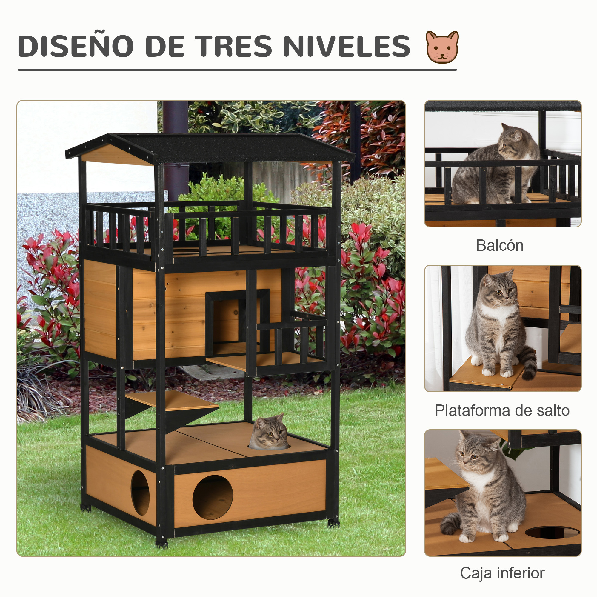Casinha de madeira para gatos PawHut, 75,5 x 75 x 137 cm, com telhado de asfalto e plataformas para uso interno e externo, cor natural.