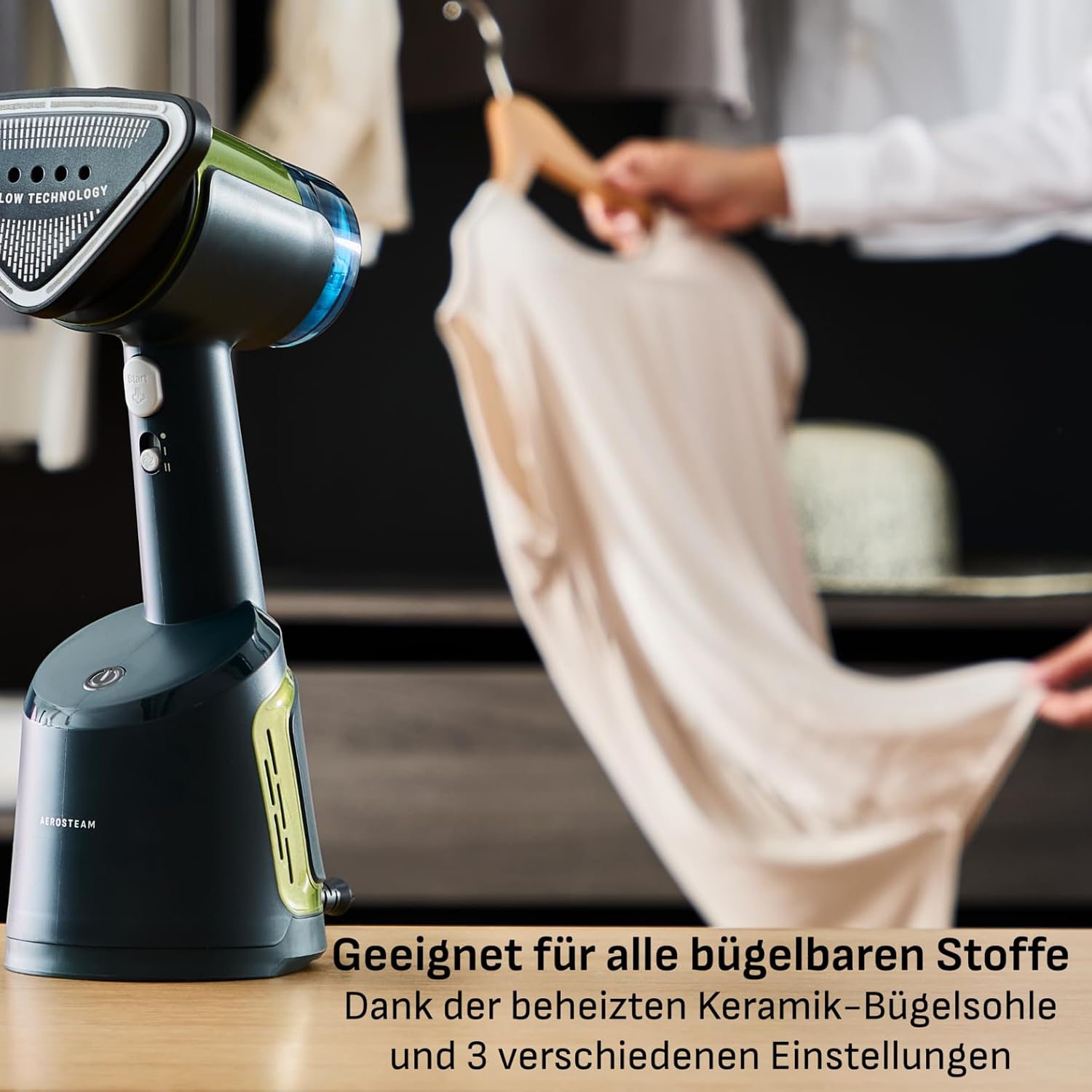 Tefal Aero Steam Dampfglätter – 1400W, Keramik-Bügelsohle, 20 g/Min. Dampf, 3 Modi & Turbo-Saugfunktion, 100 ml abnehmbarer Tank, schnelle faltenfreie Ergebnisse, für Kleidung & Textilien, Blau/Grün