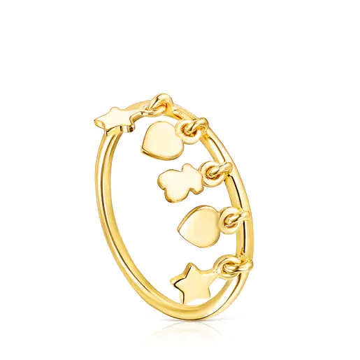 Anel banhado a ouro 18k sobre prata com motivos de urso, coração e estrela - Cool Joy