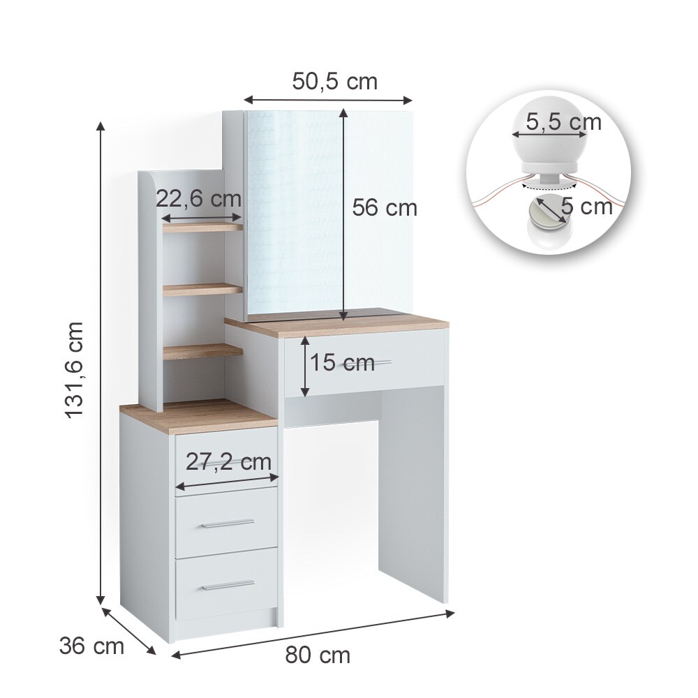 Vicco Schminktisch Frisiertisch Kosmetiktisch Conrada Weiß Sonoma Schminkspiegel 80x132 modern LED Beleuchtung Schlafzimmerkommode Schminkkommode Schublade Spiegelschrank Frisierkommode Make-Up-Tisch