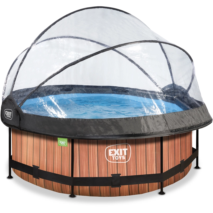 EXIT Frame Pool ø244x76cm (12v Kartusche Filterpumpe) – Holzoptik & Sonnendach