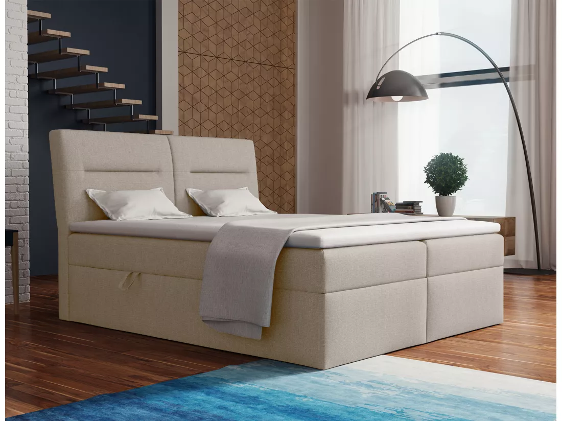 LE LIT BOXSPRING Moderno avec coffres de lit et surmatelas, en tissu Soro 21 (ivoire), 200x200 cm.