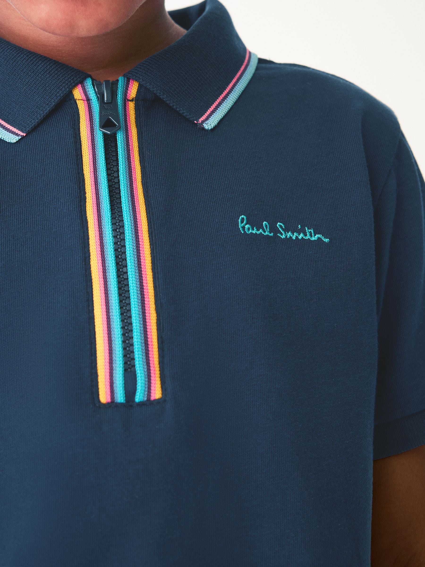 Marineblauw - Paul Smith Junior poloshirt voor jongens met korte mouwen en artistieke streep met korte rits