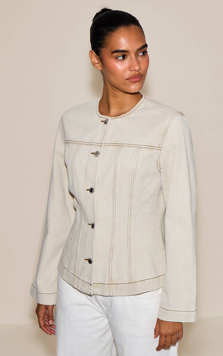 Washed Stone Veste En Jean Cintrée À Manches Longues Avec Surpiqûres Contrastées