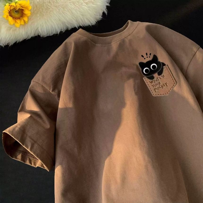 Rosesand - Unisex T-shirt met korte mouwen en kattenprint, losvallend