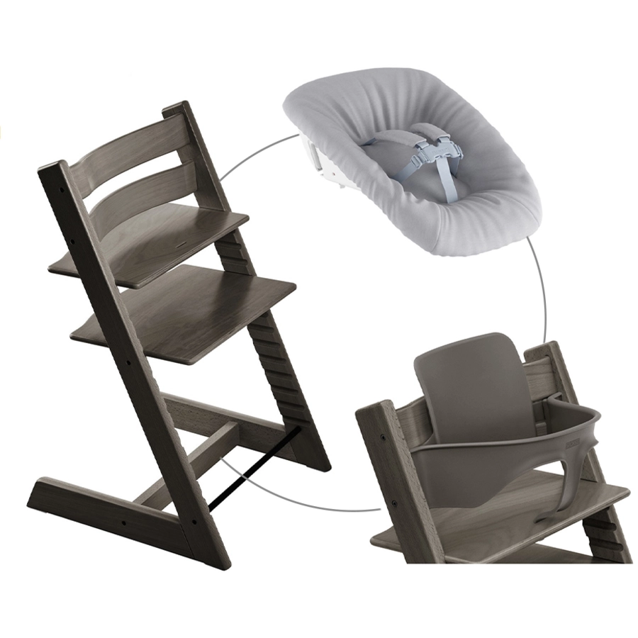 STOKKE® Mega Tripp Trapp® Set Hochstuhl Buche Hazy Grey inkl. Newborn Set™ Grey und Baby Set Hazy Grey