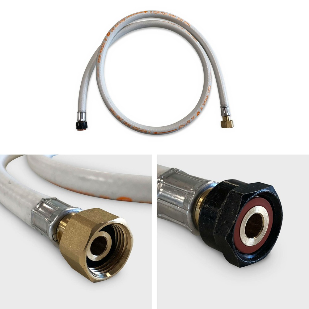 Kit tuyau flexible de gaz 1.5 m à embouts mécaniques + détendeur quick-on ø20mm butane 28mbar 1.3kg/h. Raccord rapide – normes nf