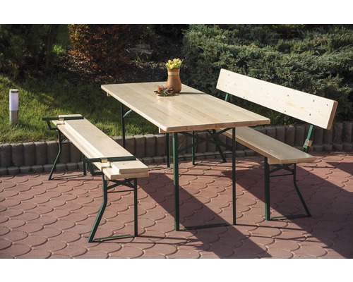 Biertentset, festivaltentset met rugleuning, 3-delig: tafel 220 x 70 cm, banken 220 x 25 cm, sparrenhout, natuurlijk groen