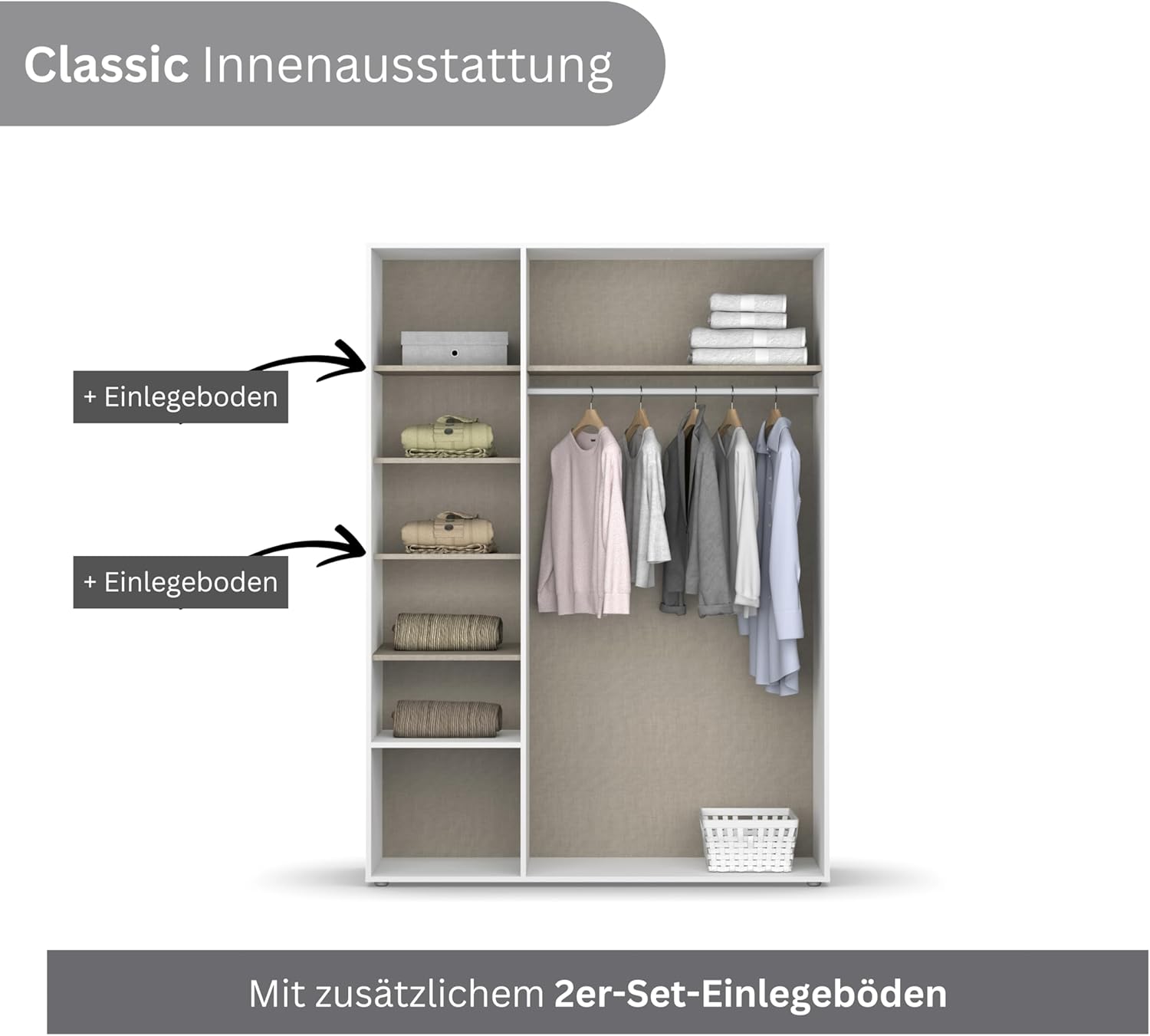 Rauch Möbel Nabila Kleiderschrank für Schlafzimmer, Kinderzimmer, Jugendzimmer, Flur, 3-türig, 2 Schubladen, Push-to-Open, mit Zubehör Classic, Farbe Weiß, Breite 140 cm