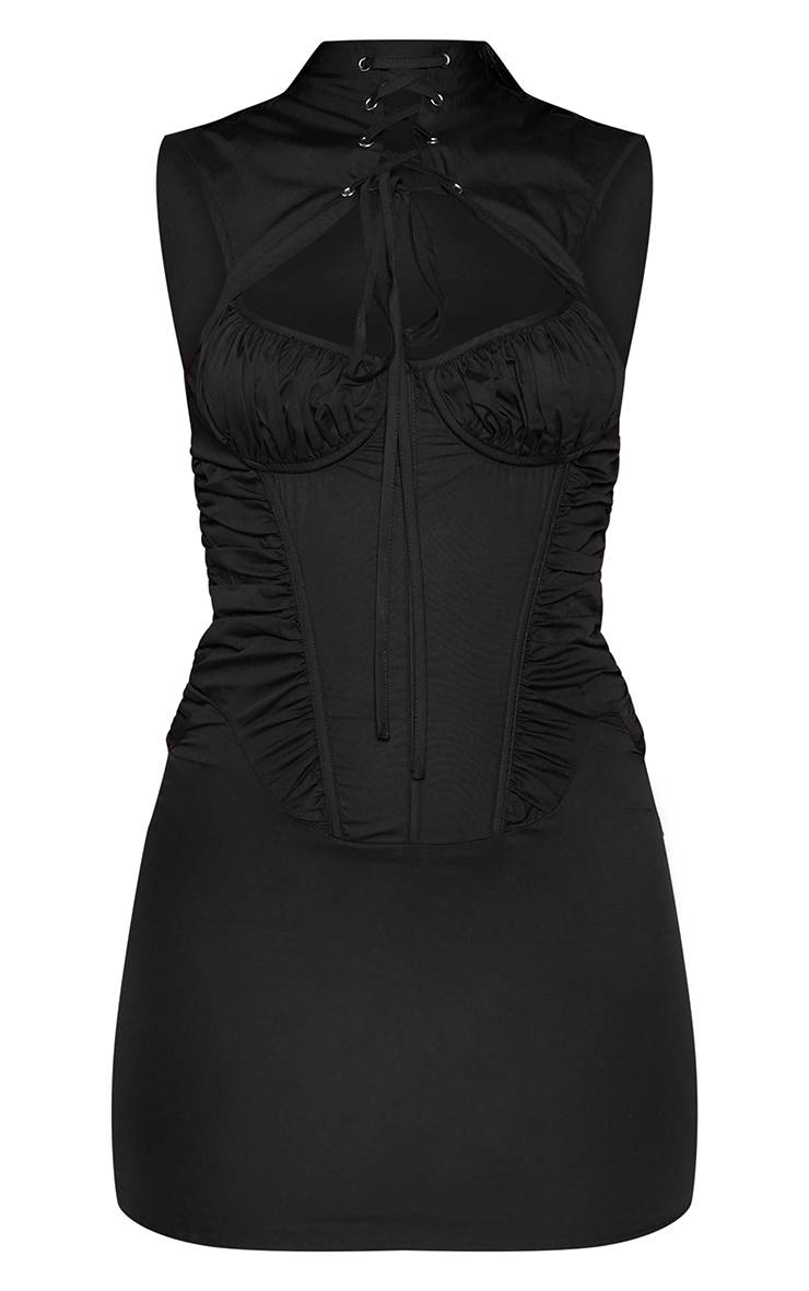 Noir Robe Mini Corset En Coton Froncé À Col Haut Avec Laçage