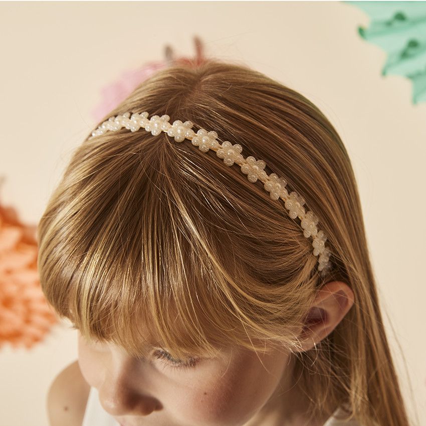 Serre-tête à fleurs en perles nacrées pour fille - Ecru