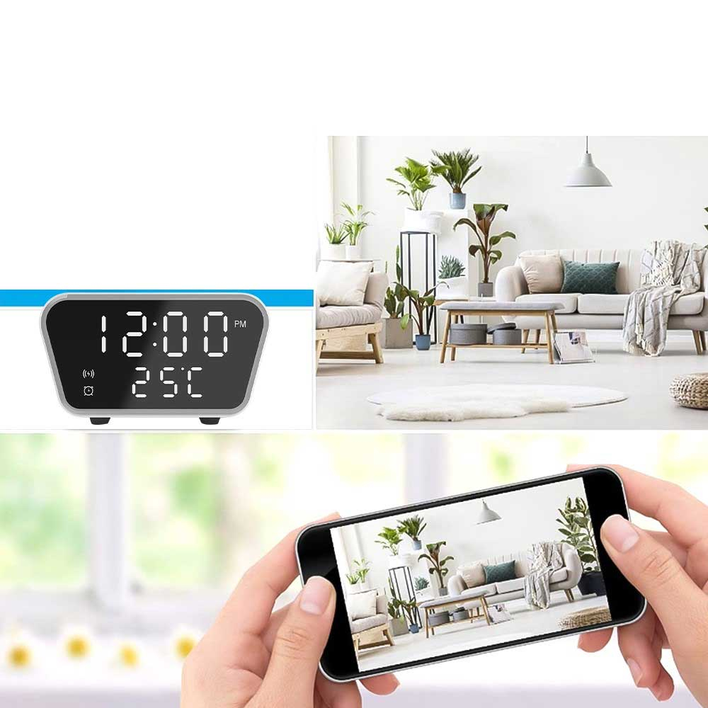 Full-HD Mini Kamera in Digital-Wecker-Gehäuse mit Wireless Charging Ladestation   Micro SD Kartenslot (iOS/Android) - Schwarz
