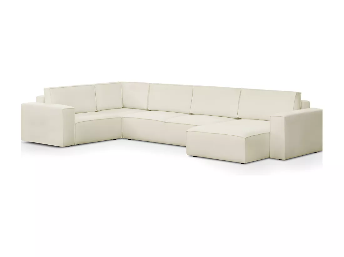 Canapé d'angle à gauche panoramique convertible modulable 8 places en tissu bouclé écru - Harper Mod