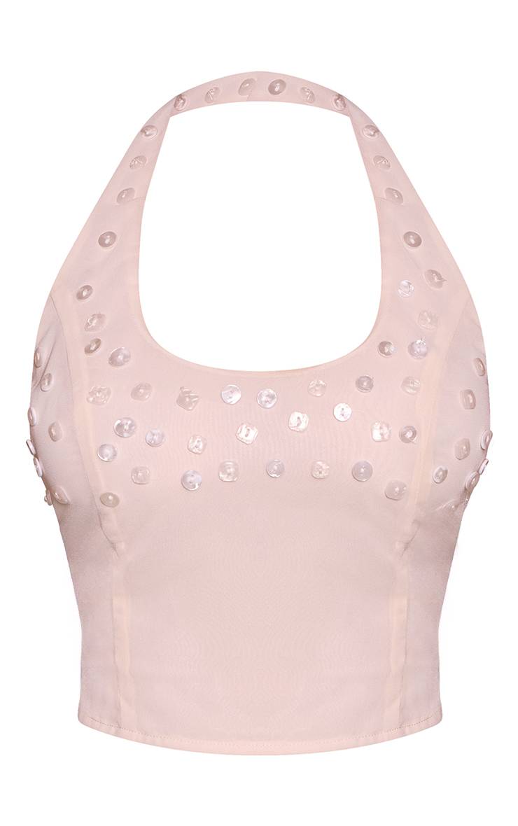 Crème Top Court En Mousseline Col Halter Échancré Avec Détail De Boutons Petite Taille Ensemble Coordonné