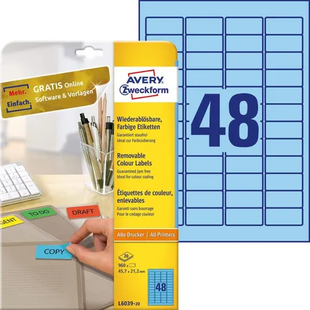 Avery Zweckform L6039-20 Farbige Etiketten,A4 45,7 x 21,2 mm, 20 Bogen/960 Etiketten, blau