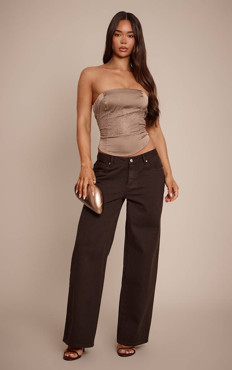 Marron Top Corset Bandeau En Satin Et Dentelle