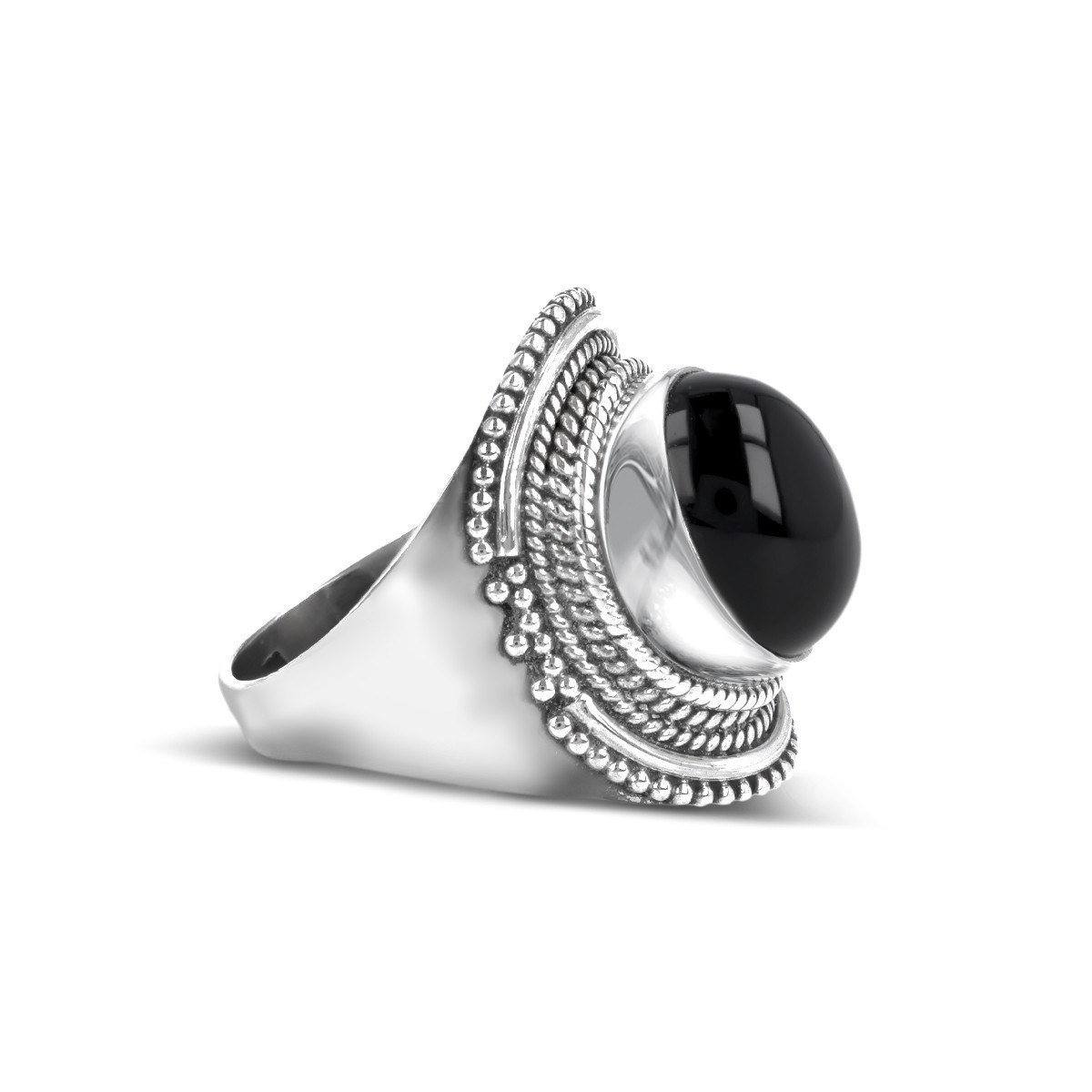 Bague obsidienne Ovale sur Grains d'Argent Massif 925 - Bijou Artisanal | Aden