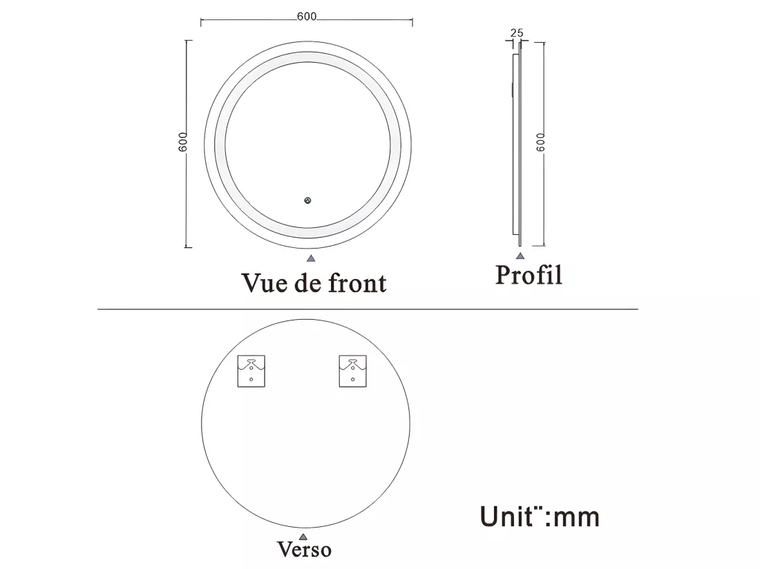 Miroir de salle de bain lumineux rond à leds - L60 x H60 cm Aica