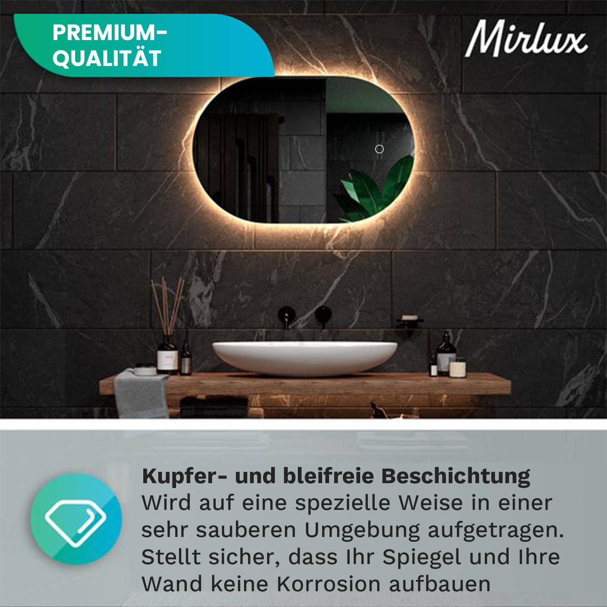 Mirlux badkamerspiegel met ledverlichting, ronde wandspiegel, anticondens douchespiegel, 90x60cm
