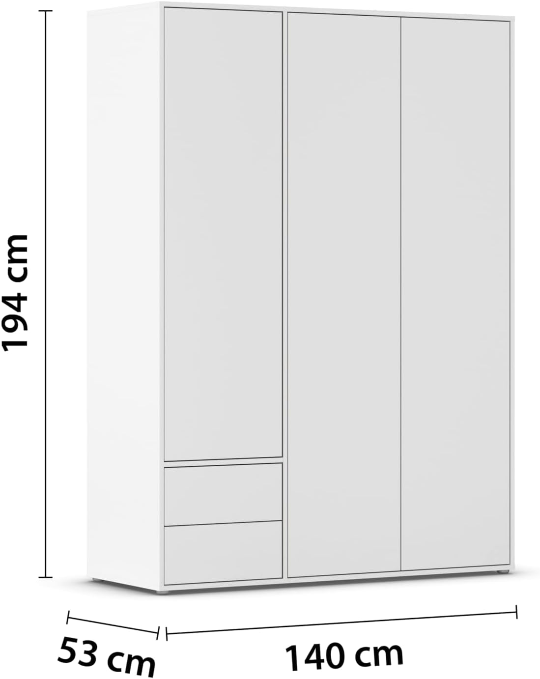 Rauch Möbel Nabila Kleiderschrank für Schlafzimmer, Kinderzimmer, Jugendzimmer, Flur, 3-türig, 2 Schubladen, Push-to-Open, mit Zubehör Classic, Farbe Weiß, Breite 140 cm