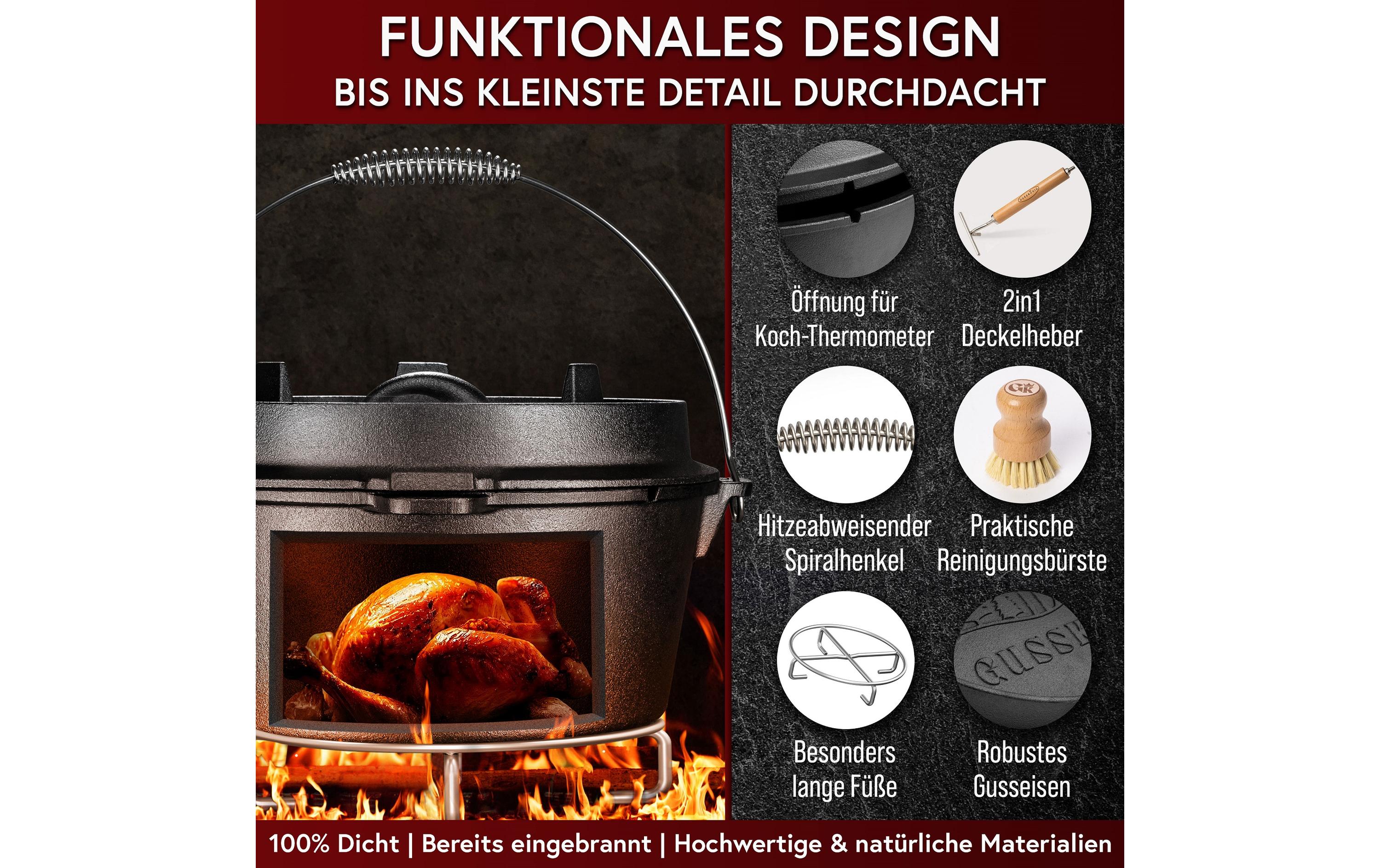 Dutch Oven Set 4.5 l mit Heber, Bürste, UntersetzerDutch Oven Set mit 2in1 Deckelheber, Reinigungsbürste und Untersetzer