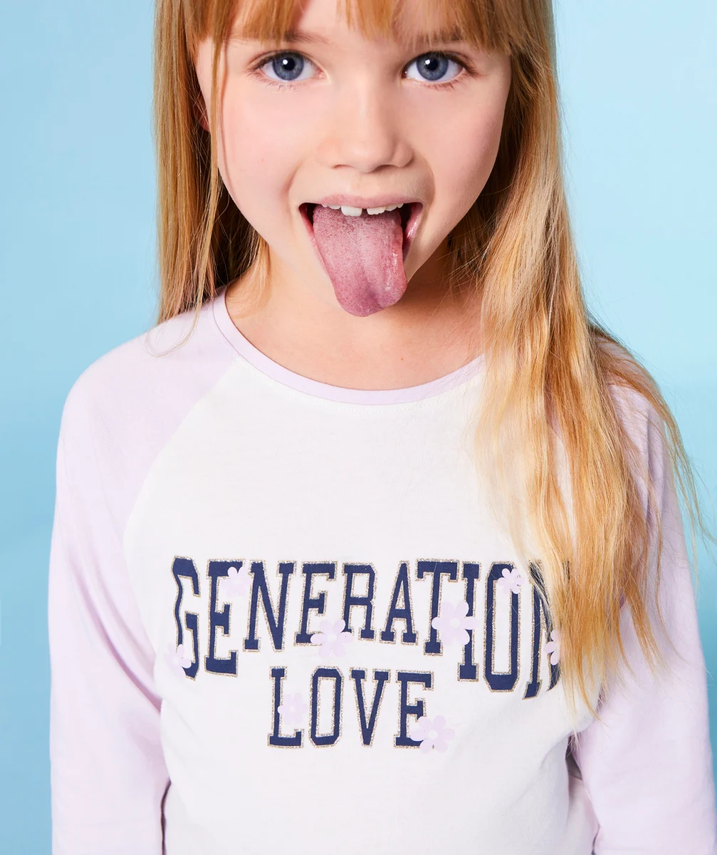 T-SHIRT FILLE EN COTON BIO MAUVE ET BLANC AVEC MESSAGE PAILLETÉ