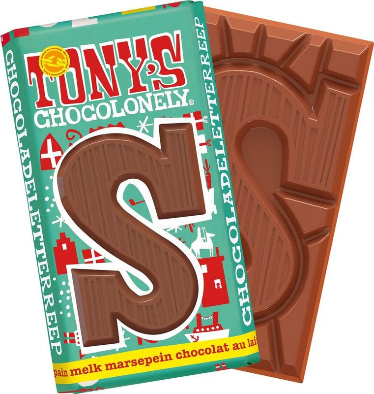 Tony's Chocolonely - Chocolade Letter S - Melk Marsepein Chocoladeletter - 180 Gram Fairtrade Belgische Chocola