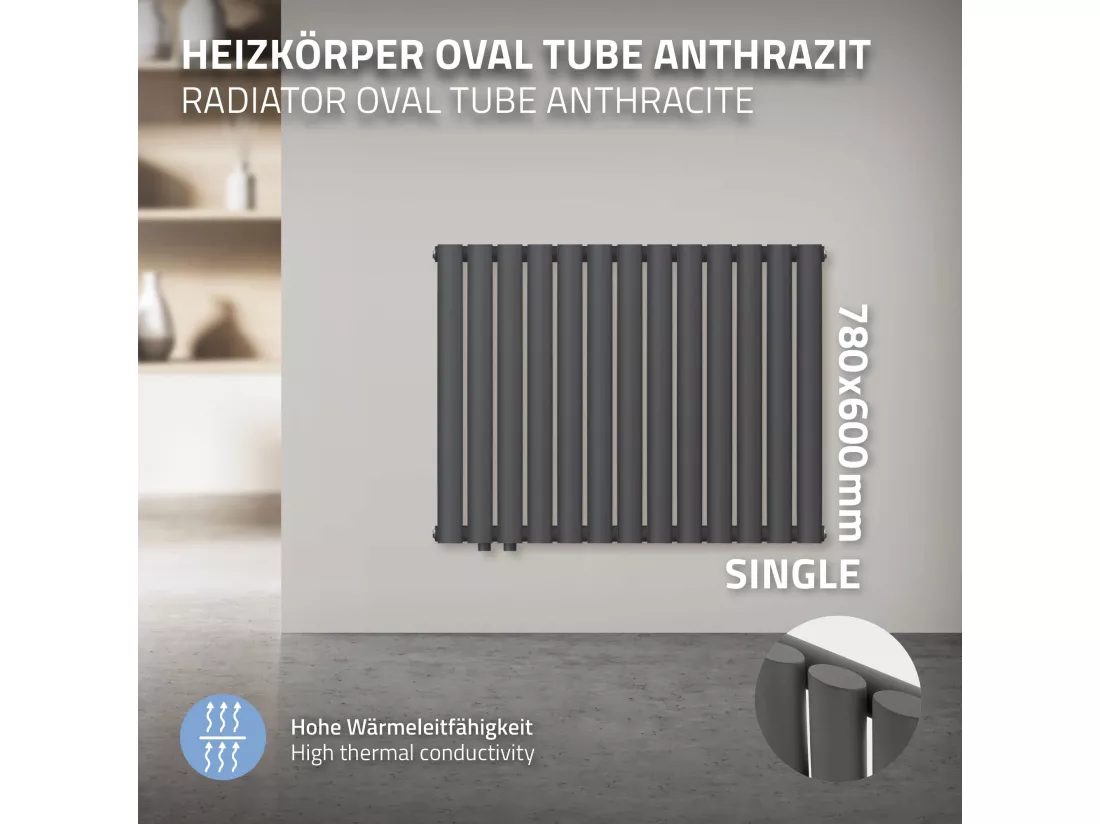 Radiateur Oval Tube Simple couche Radiateur design raccordement à gauche 780x600 mm