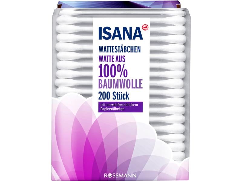 Isana Wattestäbchen 3 x 200 Stück Wattestäbchen aus 100% Baumwolle