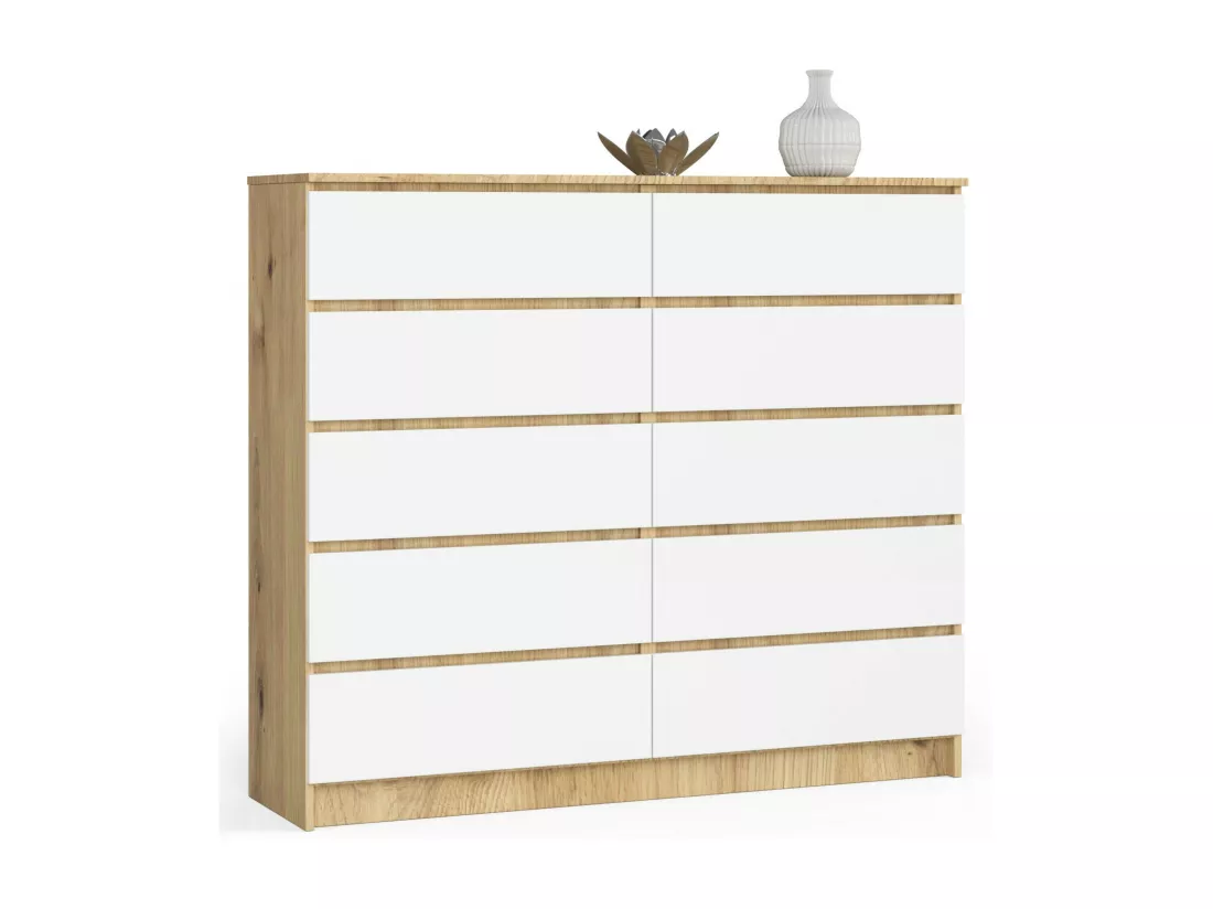 Commode AKORD K140 Chêne Artisan 138 cm 10 tiroirs façade Blanche 138x40x121 cm