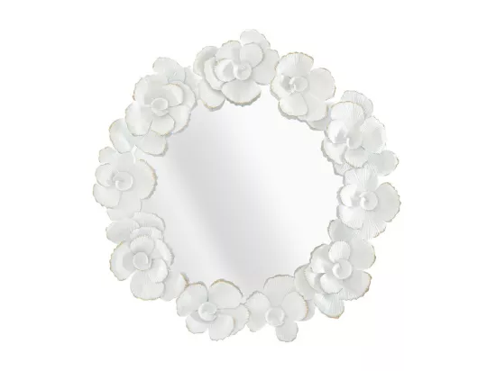 Miroir Rond Métallique Blanc avec Fleurs Dorées et Détails Élégants – Miroir Décoratif Glamour pour Intérieur 82x2,6x85,5 cm