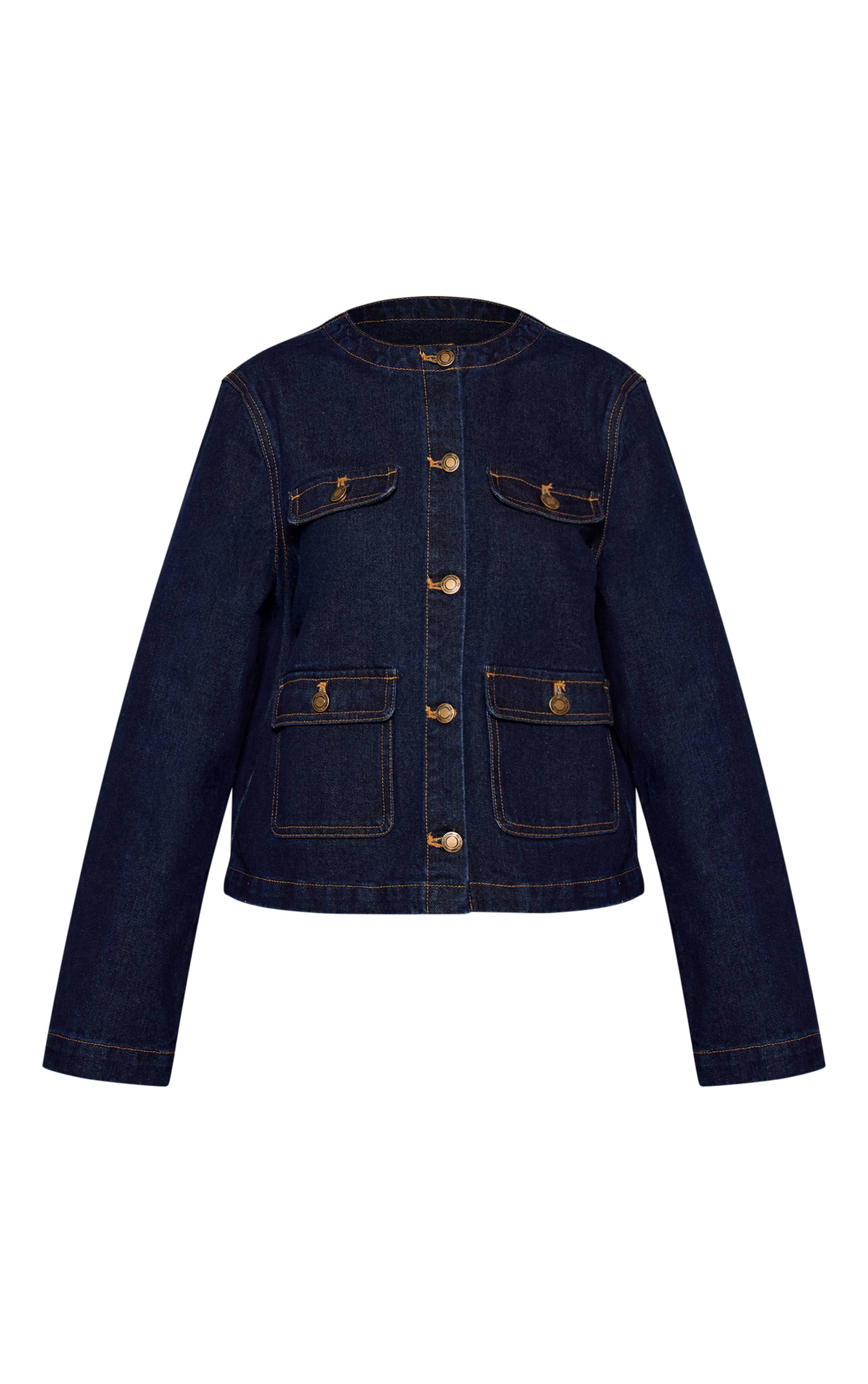 Bleu Indigo Veste En Jean Sans Col Avec Détails De Poches Pour Petite Taille