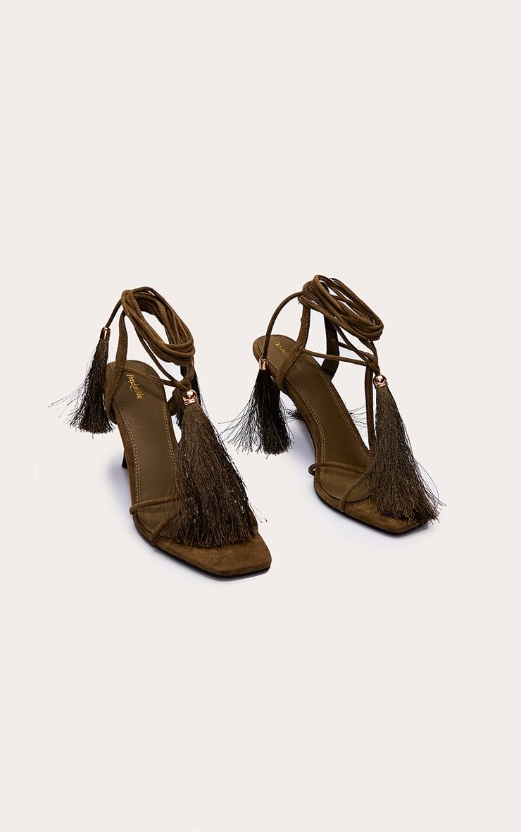 Vert Olive Sandales À Talons À Brides Avec Détails De Franges En Synthétique