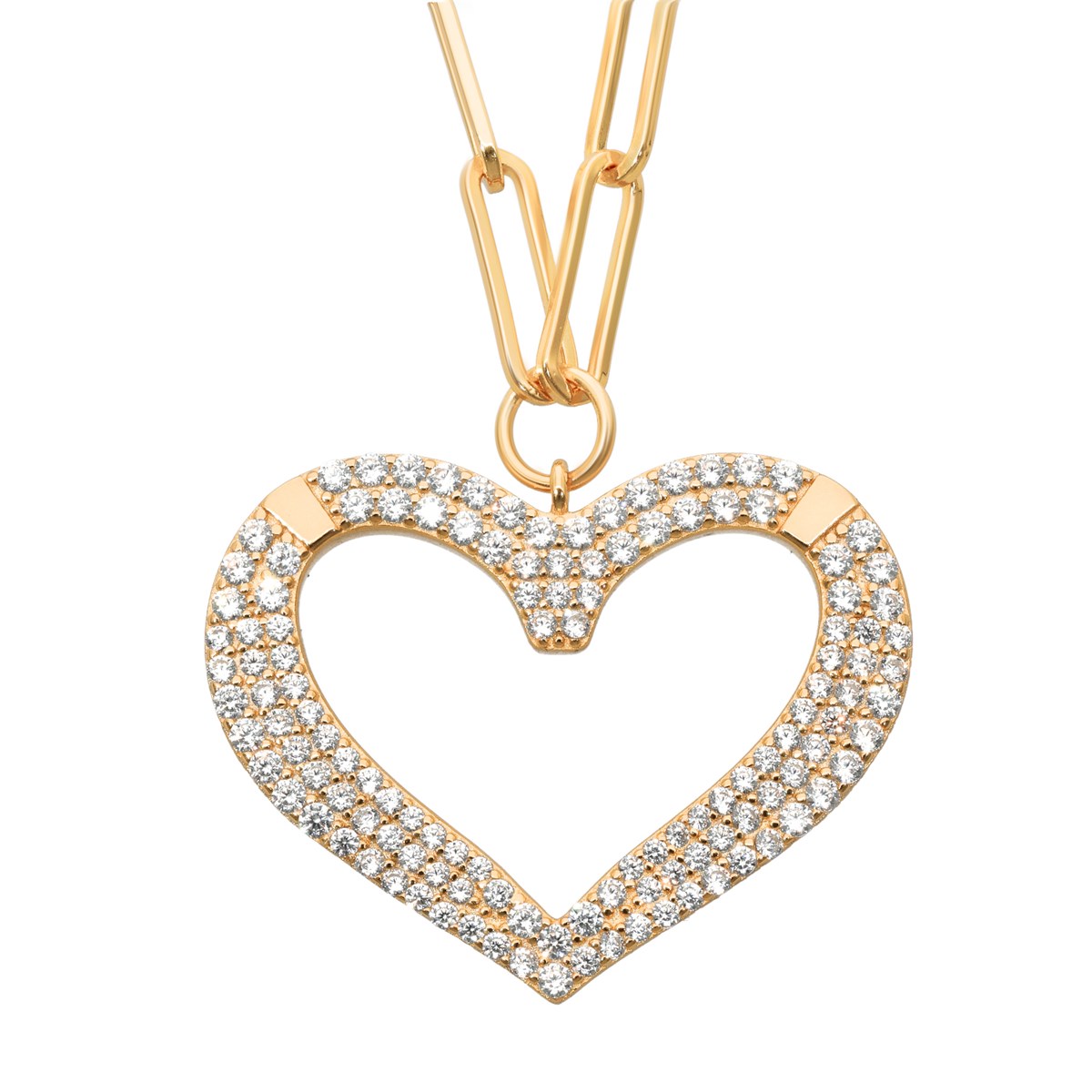 Collier Argent Doré Coeur Serti De Zirconium Blanc