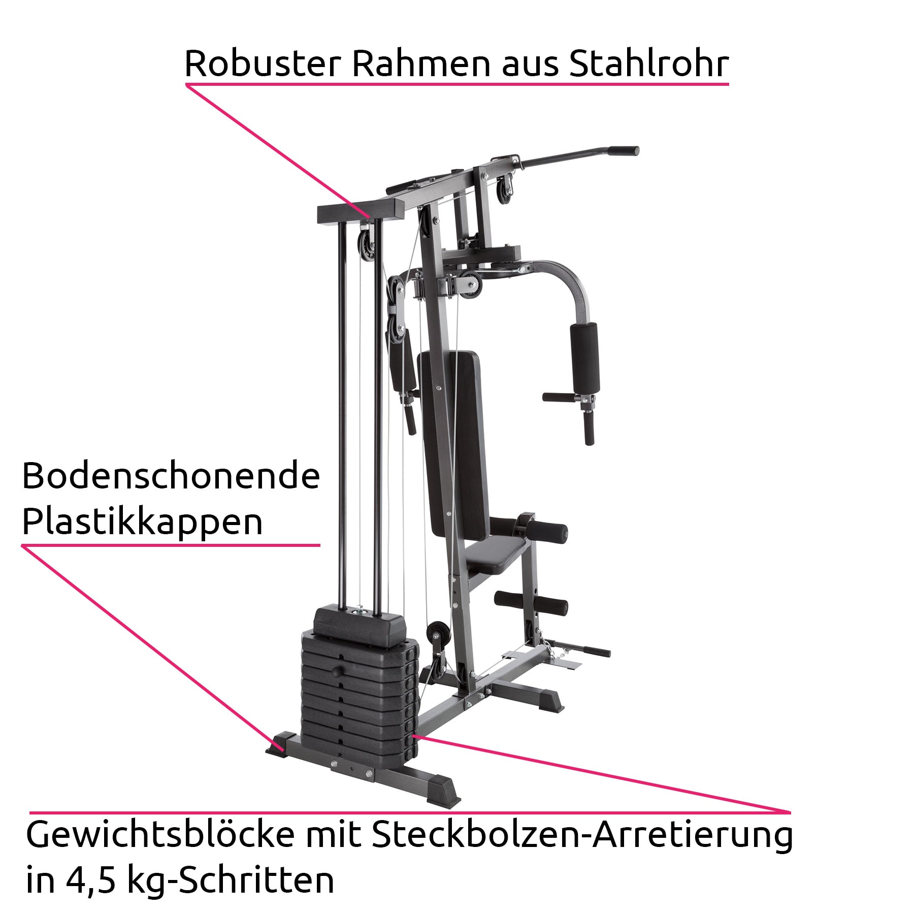tectake® Kraftstation, mit Butterfly- und Beinstreckermodul, gepolstert mit Kunstlederbezug, 160 x 101 x 203 cm