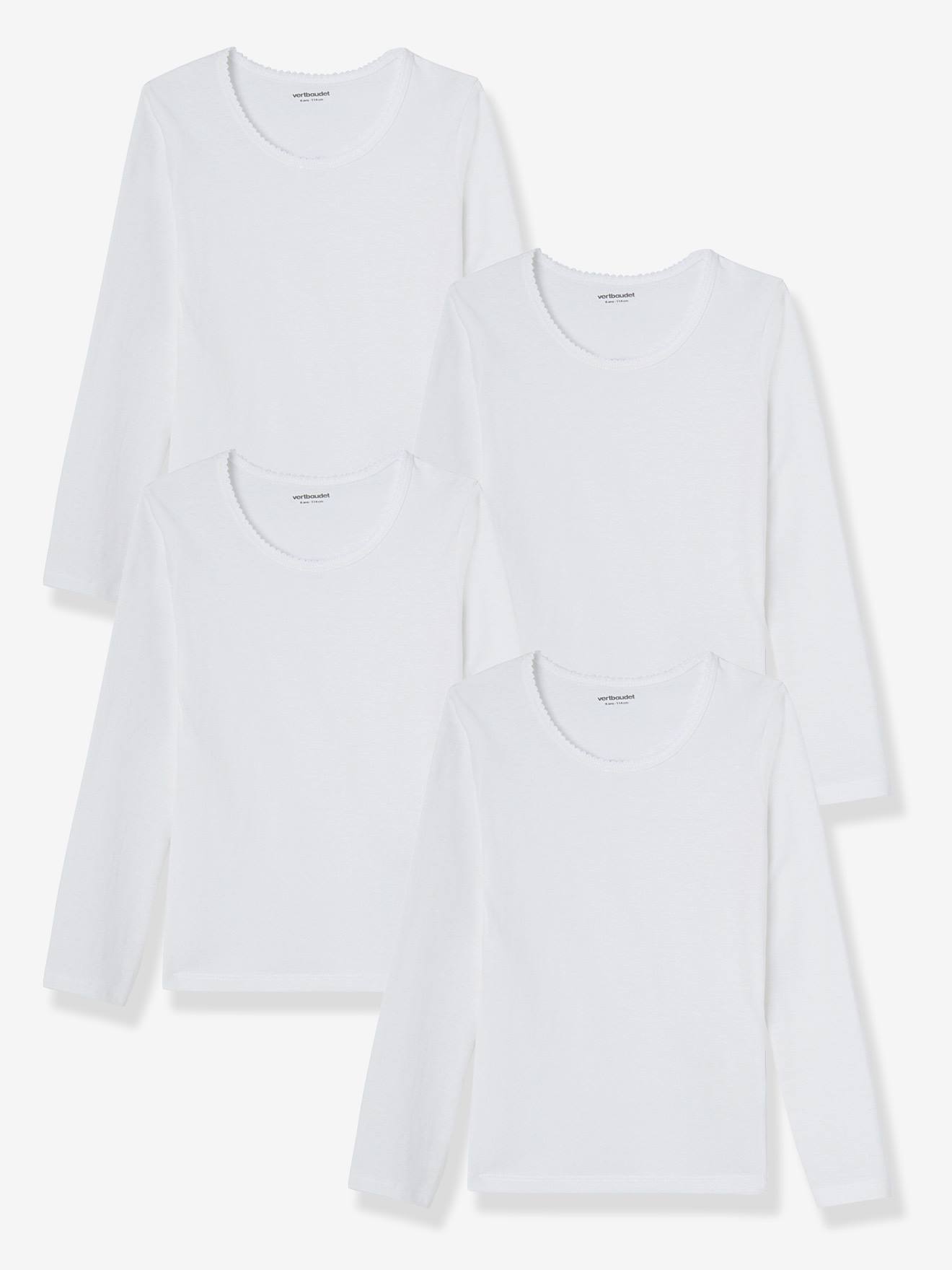 Pacote com 4 camisetas brancas de manga comprida para meninas